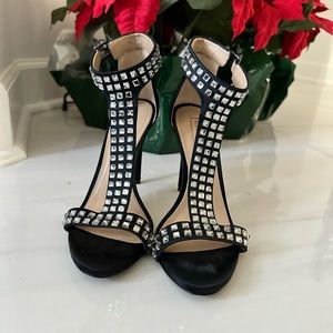 BCBGMAXAZRIA Diana Crystal Studded T-Strap Satin Stiletto Sandal